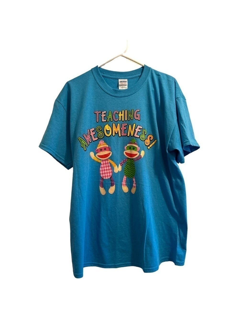 Teacher’s Tee Shirt L Aqua Blue With Monkeys “Teaching Awesomeness” NWOT
